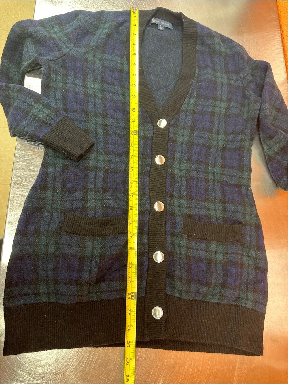 Brooks Brothers Women Merino Wool Black Watch Plaid Cardigan Sweater Small EUC